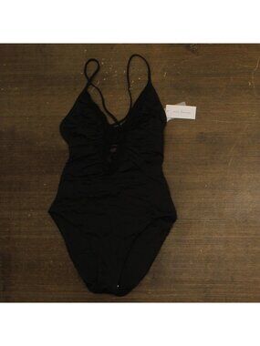Mimi Flamingo Womens Crochet Trim One Piece Open Back Swimsuit Black 12